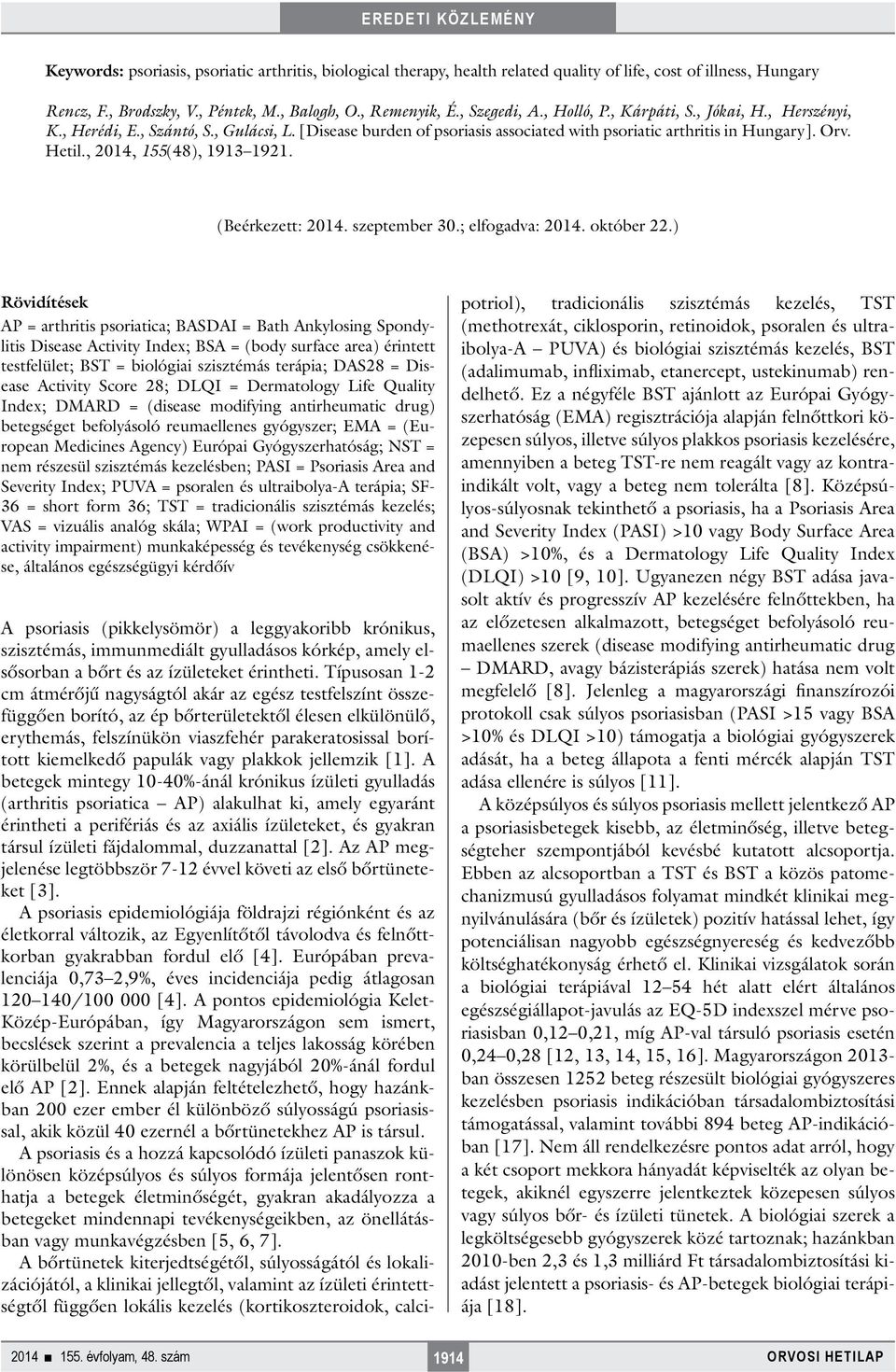 , 2014, 155(48), 1913 1921. (Beérkezett: 2014. szeptember 30.; elfogadva: 2014. október 22.