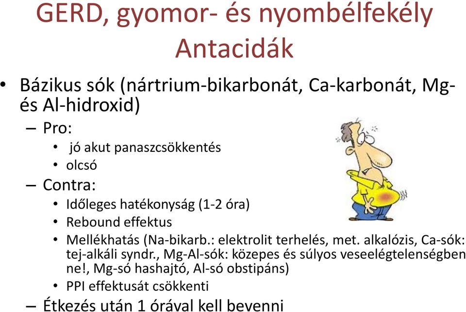 (Na-bikarb.: elektrolit terhelés, met. alkalózis, Ca-sók: tej-alkáli syndr.