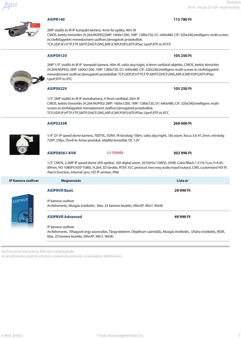 TCP,UDP,IP,HTTP,FTP,SMTP,DHCP,DNS,ARP,ICMP,POP3,NTP,IPSec UpnP,RTP és RTCP AXIPS912V 105 250 Ft 2MP 1/3" vízálló és IR IP kompakt kamera, 40m IR, valós day/night, 4-9mm varifokal objektív, CMOS,