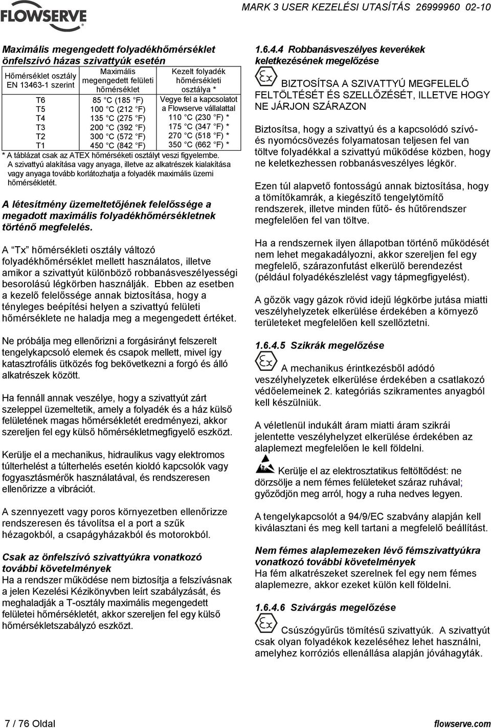 350 C (662 F) * * A táblázat csak az ATEX hőmérséketi osztályt veszi figyelembe.