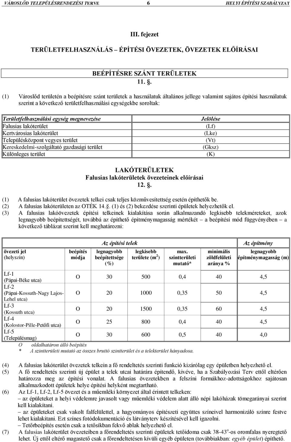 Területfelhasználási egység megnevezése Falusias lakóterület Kertvárosias lakóterület Településközpont vegyes terület Kereskedelmi-szolgáltató gazdasági terület Különleges terület Jelölése (Lf) (Lke)