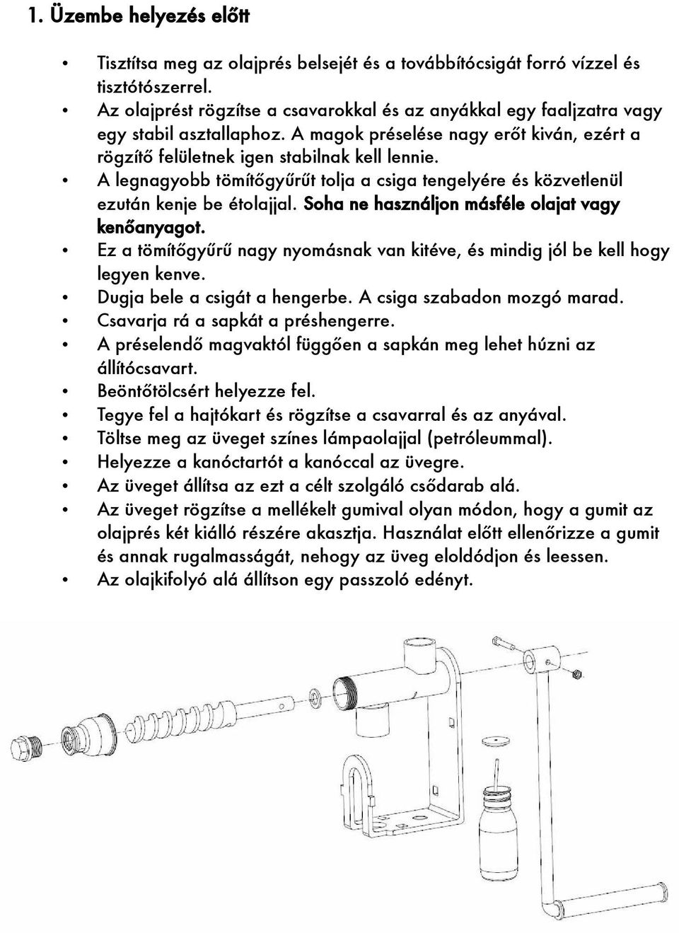 A legnagyobb tömítőgyűrűt tolja a csiga tengelyére és közvetlenül ezután kenje be étolajjal. Soha ne használjon másféle olajat vagy kenőanyagot.