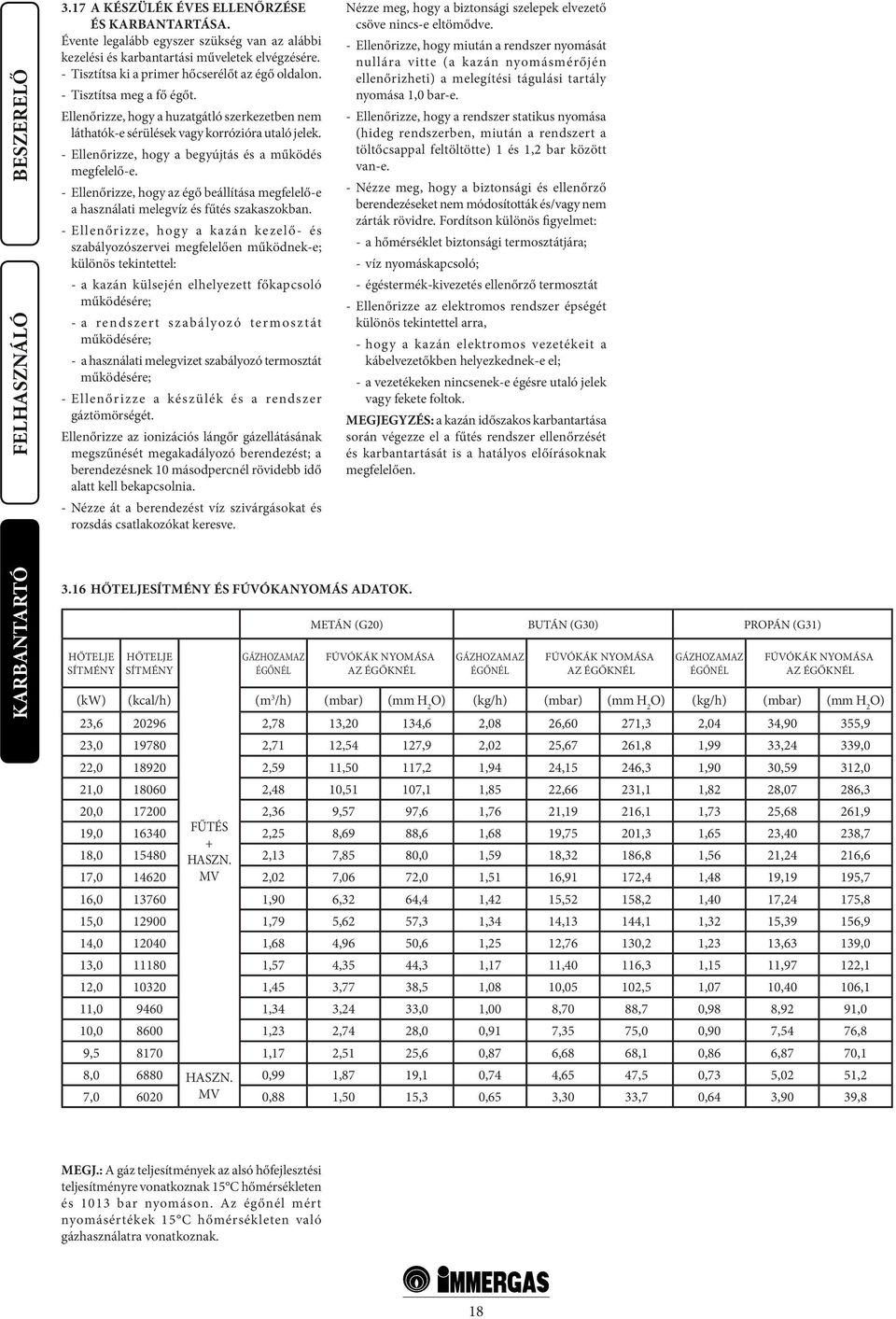 - Ellenőrizze, hogy a begyújtás és a működés megfelelő-e. - Ellenőrizze, hogy az égő beállítása megfelelő-e a használati melegvíz és fűtés szakaszokban.