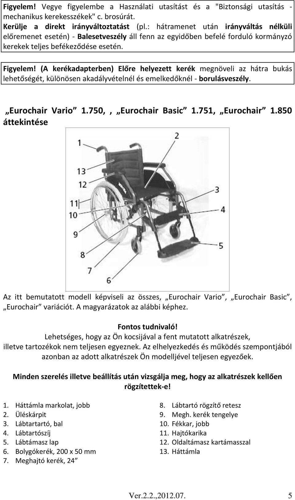 (A kerékadapterben) Előre helyezett kerék megnöveli az hátra bukás lehetőségét, különösen akadályvételnél és emelkedőknél - borulásveszély. Eurochair Vario 1.750,, Eurochair Basic 1.751, Eurochair 1.