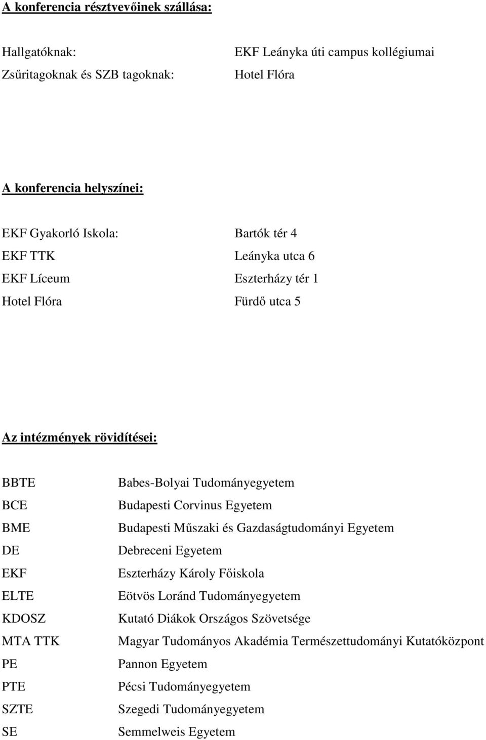 SZTE SE Babes-Bolyai Tudományegyetem Budapesti Corvinus Egyetem Budapesti Műszaki és Gazdaságtudományi Egyetem Debreceni Egyetem Eszterházy Károly Főiskola Eötvös Loránd