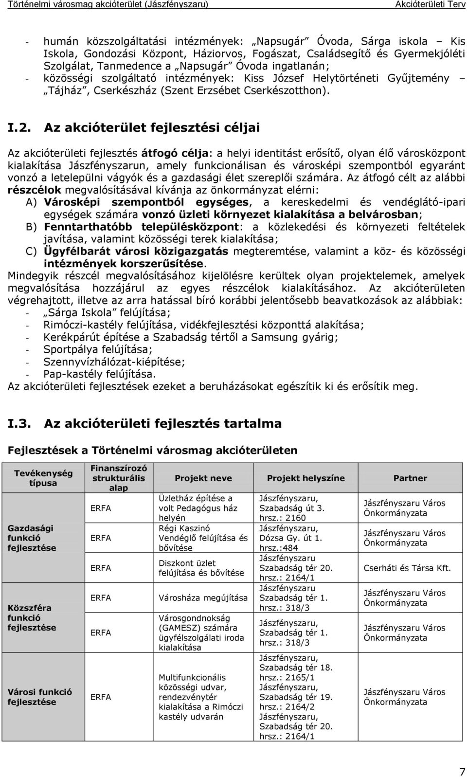 Az akcióterület fejlesztési céljai Az akcióterületi fejlesztés átfogó célja: a helyi identitást erősítő, olyan élő városközpont kialakítása Jászfényszarun, amely funkcionálisan és városképi