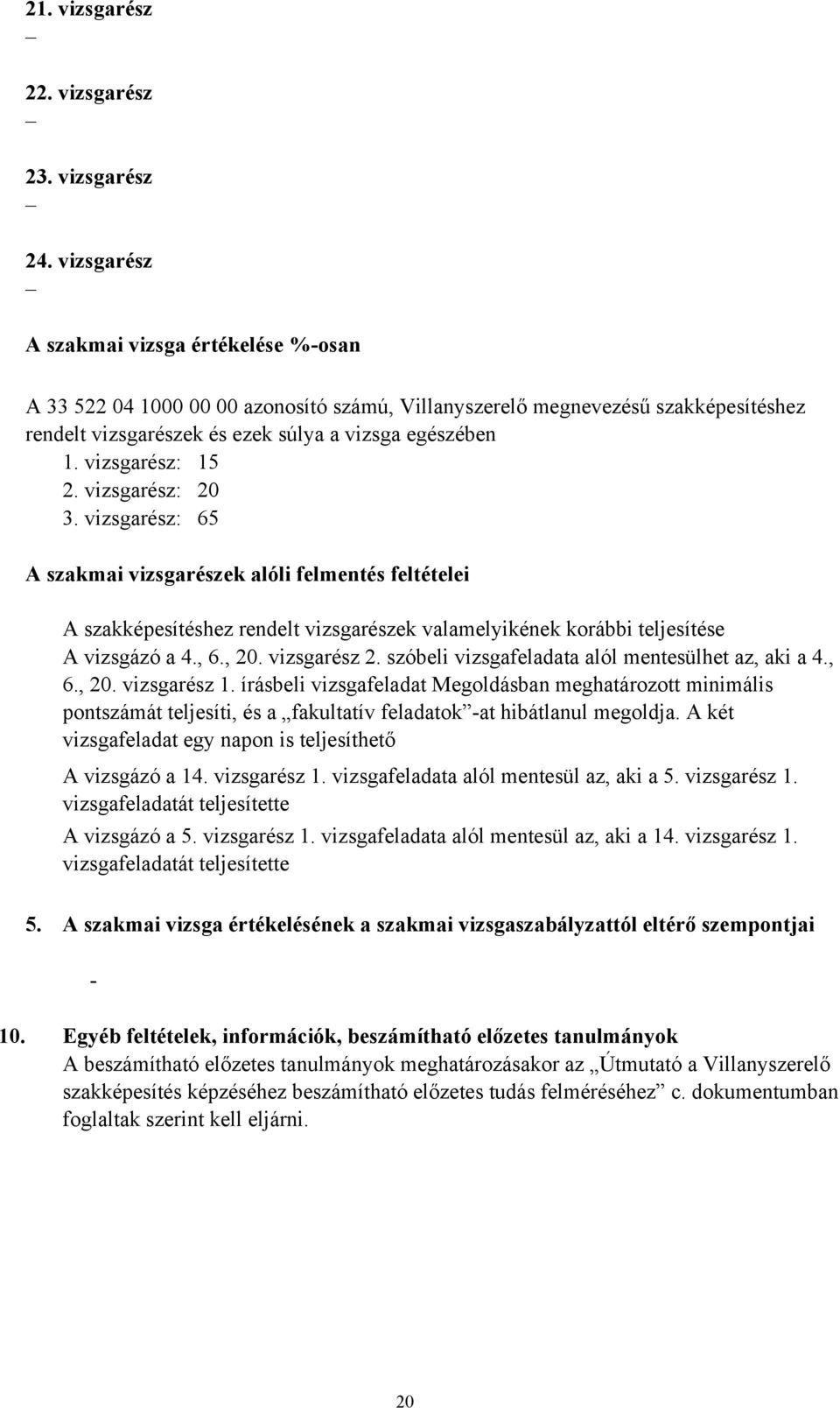 vizsgarész: 15 2. vizsgarész: 20 3. vizsgarész: 65 A szakmai vizsgarészek alóli felmentés feltételei A szakképesítéshez rendelt vizsgarészek valamelyikének korábbi teljesítése A vizsgázó a 4., 6., 20.