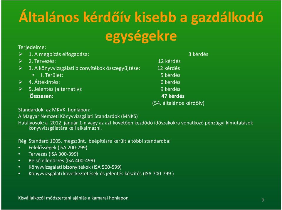 honlapon: A Magyar Nemzeti Könyvvizsgálati Standardok (MNKS) Hatályosok: a 2012. január 1-n vagy az azt követően kezdődő időszakokra vonatkozó pénzügyi kimutatások könyvvizsgálatára kell alkalmazni.