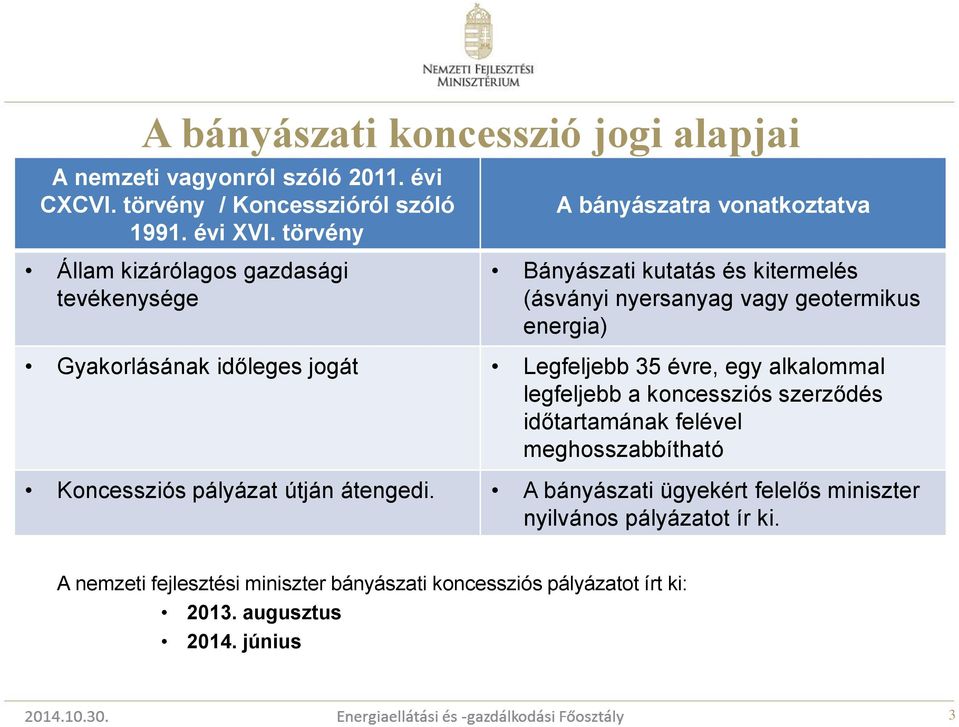 Gyakorlásának időleges jogát Legfeljebb 35 évre, egy alkalommal legfeljebb a koncessziós szerződés időtartamának felével meghosszabbítható Koncessziós