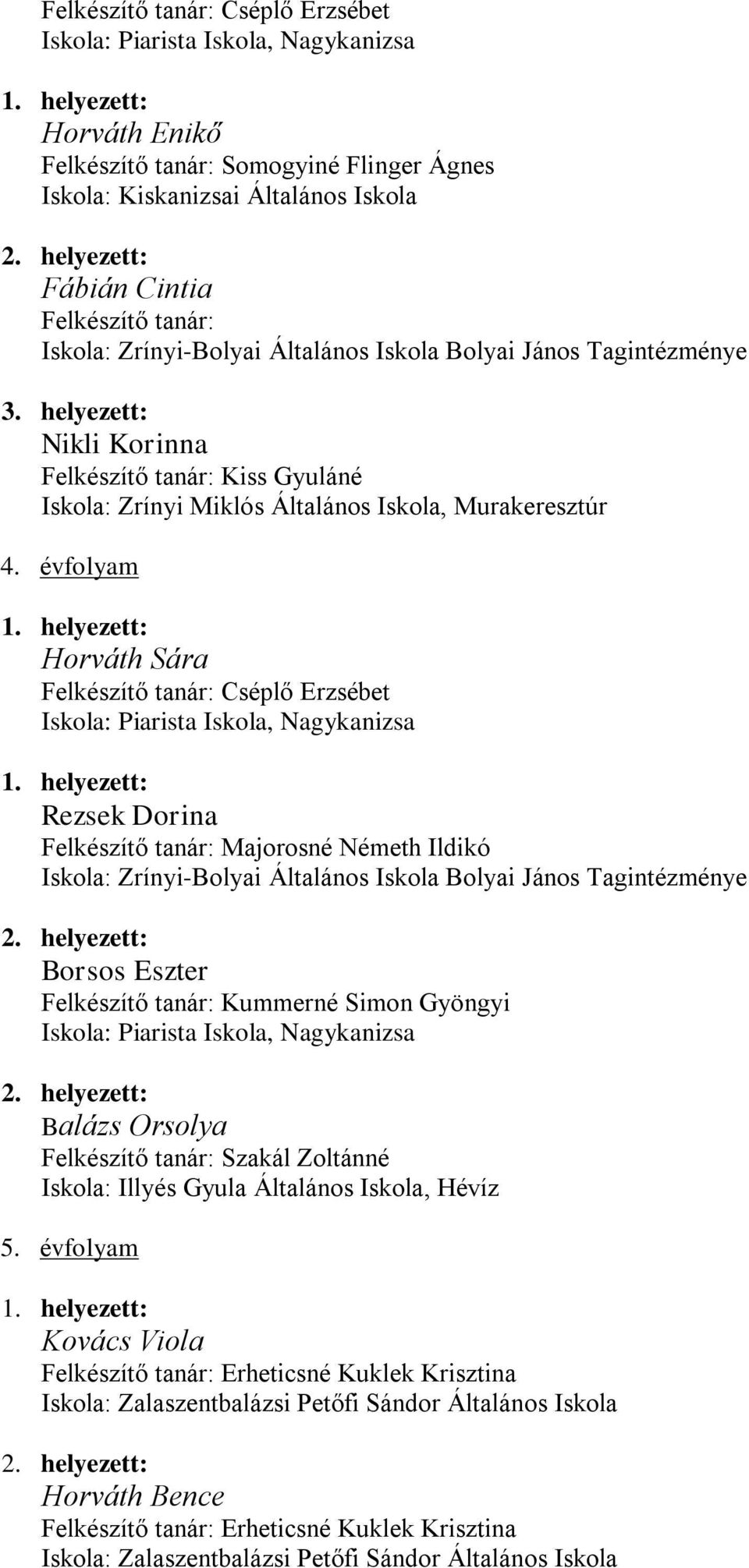 évfolyam Horváth Sára Felkészítő tanár: Cséplő Erzsébet Iskola: Piarista Iskola, Nagykanizsa Rezsek Dorina Felkészítő tanár: Majorosné Németh Ildikó Iskola: Zrínyi-Bolyai Általános Iskola Bolyai