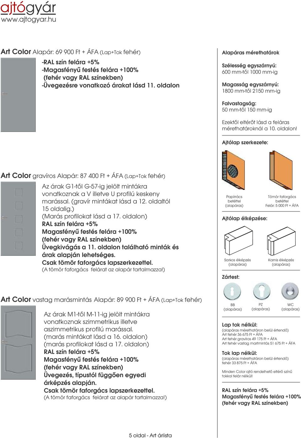 a 10. oldalon! Ajtólap szerkezete: Art Color gravíros Alapár: 87 400 Ft + ÁFA (Lap+Tok fehér) Az árak G1-tõl G-57-ig jelölt mintákra vonatkoznak a V illetve U profilú keskeny marással.
