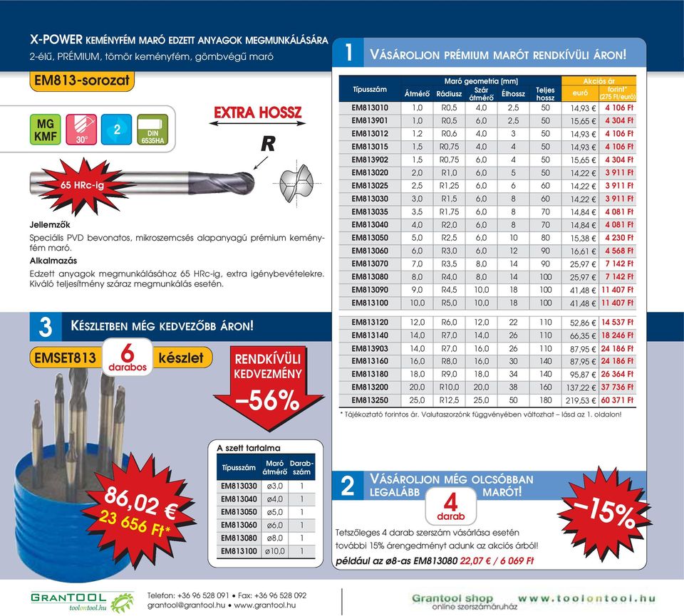 Maró geometria [mm] Szár Átmérô Rádiusz Élhossz Teljes hossz EM813010 1,0 R0,5 4,0,5 50 14,93 4 106 Ft EM813901 1,0 R0,5 6,0,5 50 15,65 4 304 Ft EM81301 1, R0,6 4,0 3 50 14,93 4 106 Ft EM813015 1,5