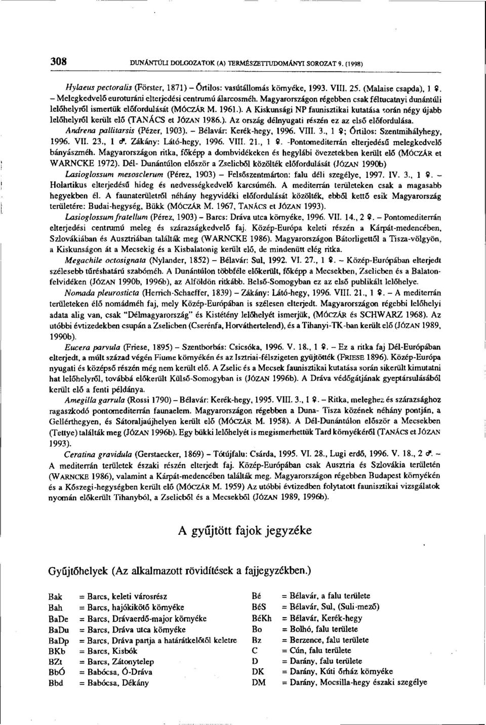 A Kiskunsági NP faunisztikai kutatása során négy újabb lelőhelyről került elő (TANÁCS et JÓZAN 1986.). Az ország délnyugati részén ez az első előfordulása. Andrem pallitarsis (Pézer, 193).