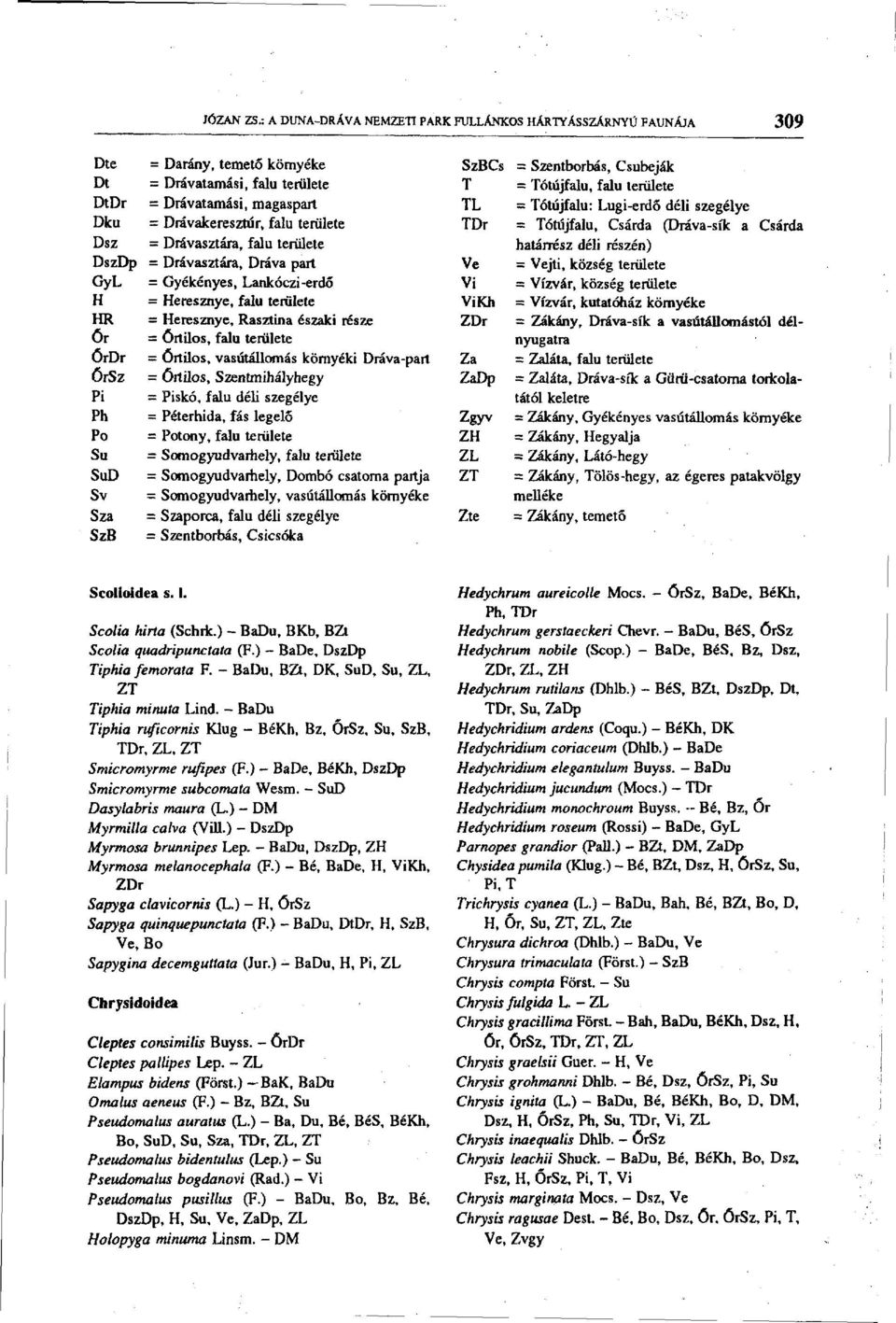 Drávasztára, falu területe DszDp = Drávasztára, Dráva part GyL = Gyékényes, Lankóczi-erdő H = Heresznye, falu területe HR = Heresznye, Rasztina északi része Ôr = őrtilos, falu területe ÔrDr =