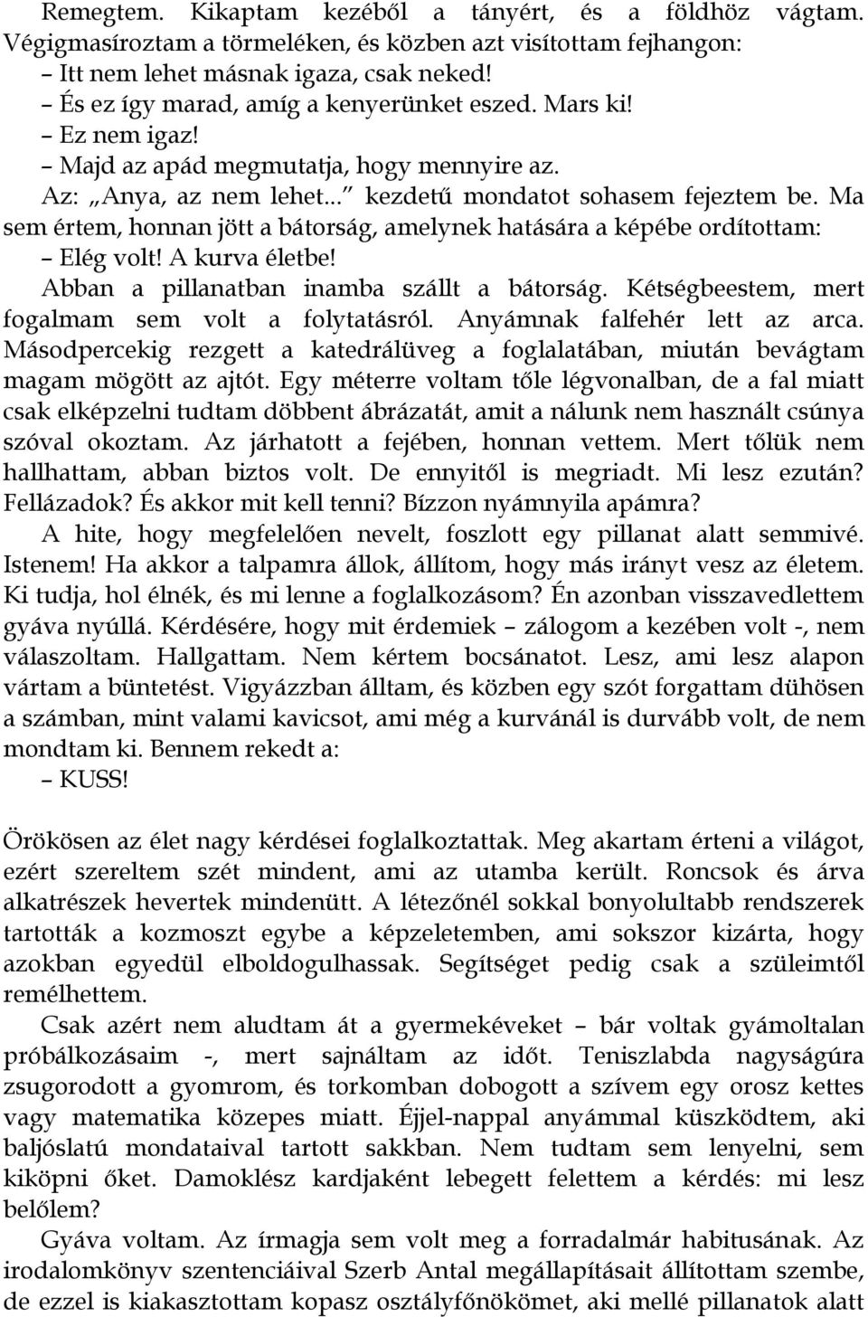 Ma sem értem, honnan jött a bátorság, amelynek hatására a képébe ordítottam: Elég volt! A kurva életbe! Abban a pillanatban inamba szállt a bátorság.