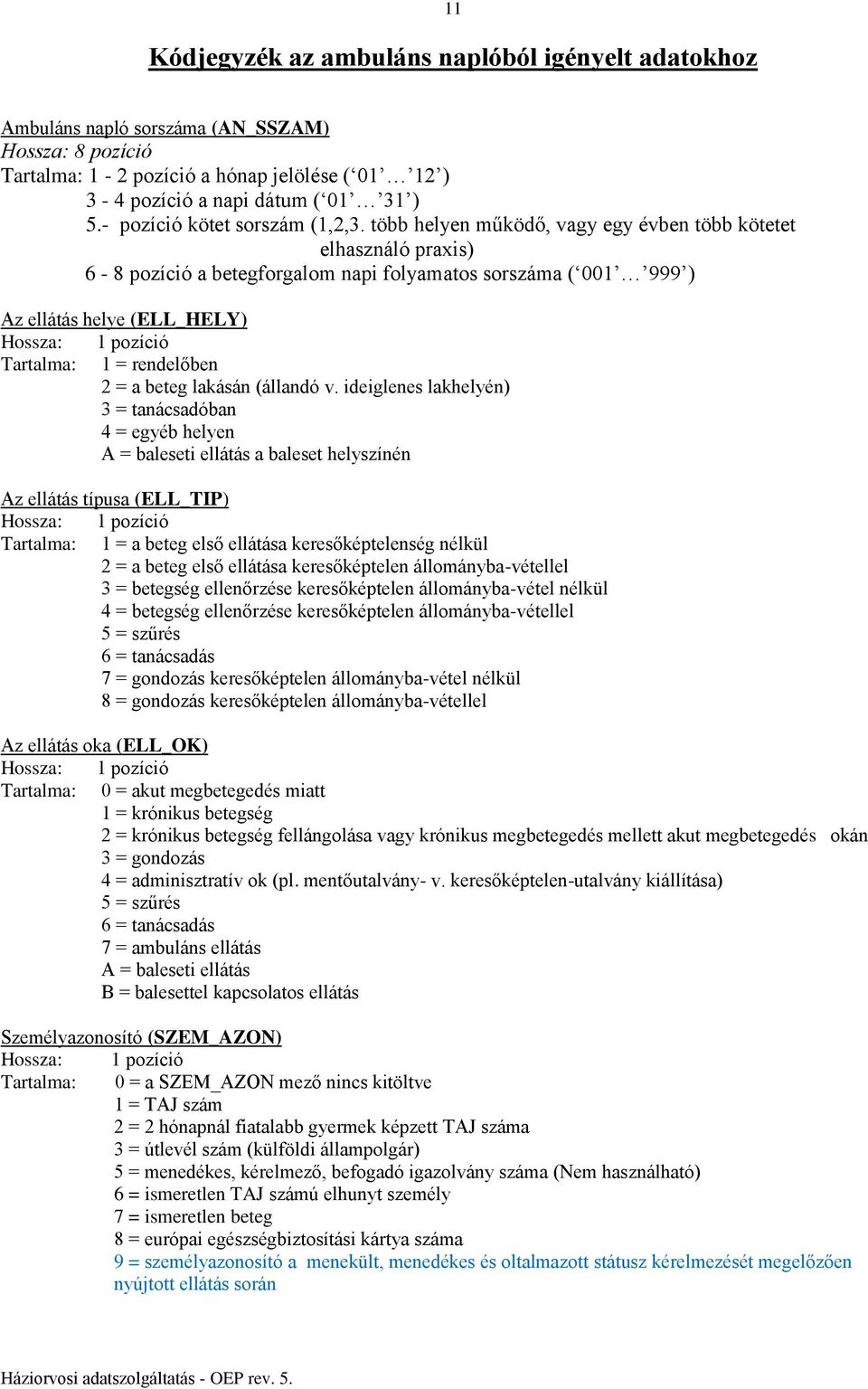 több helyen működő, vagy egy évben több kötetet elhasználó praxis) 6-8 pozíció a betegforgalom napi folyamatos sorszáma ( 001 999 ) Az ellátás helye (ELL_HELY) Hossza: 1 pozíció Tartalma: 1 =