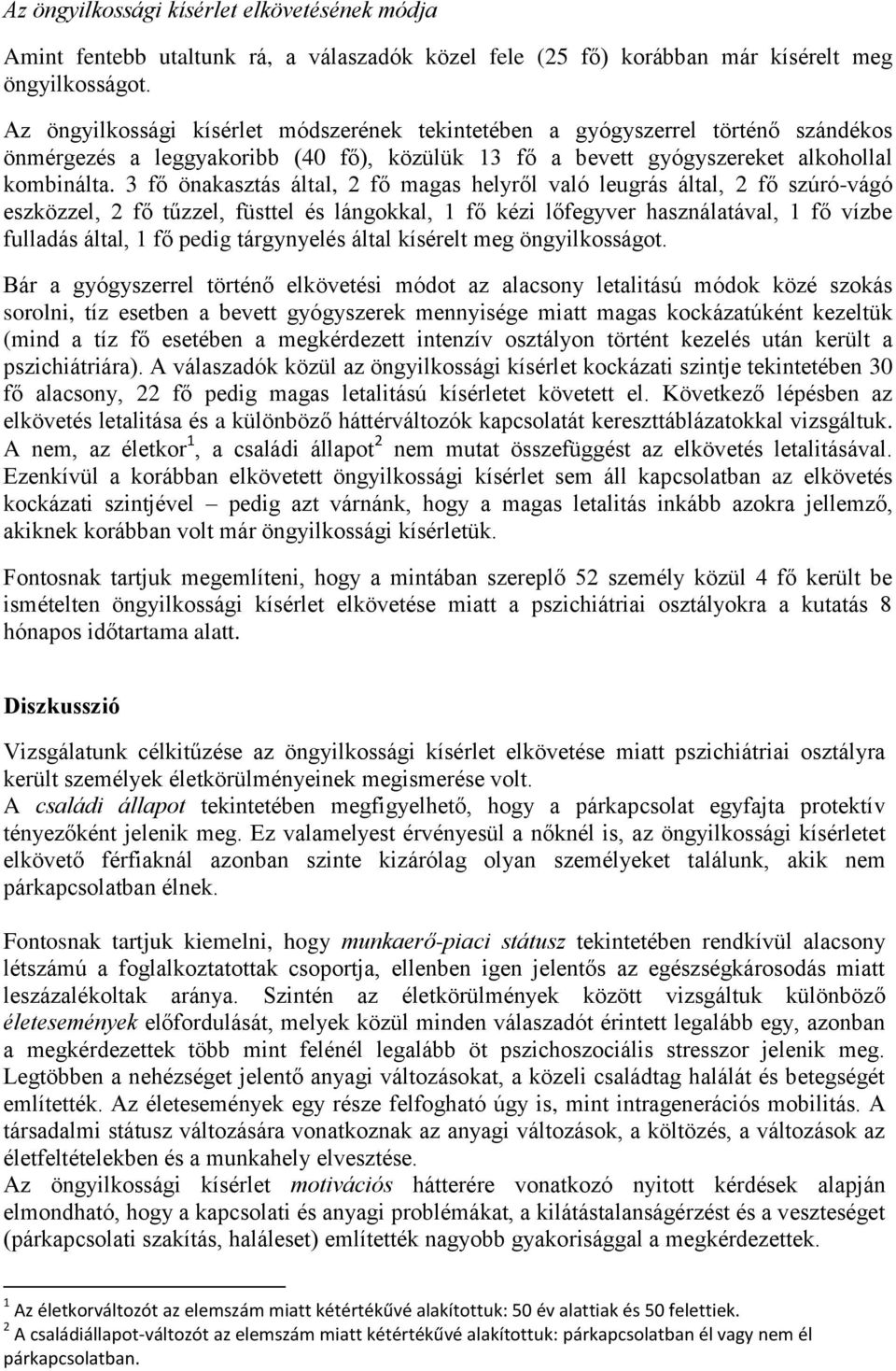 3 fő önakasztás által, 2 fő magas helyről való leugrás által, 2 fő szúró-vágó eszközzel, 2 fő tűzzel, füsttel és lángokkal, 1 fő kézi lőfegyver használatával, 1 fő vízbe fulladás által, 1 fő pedig