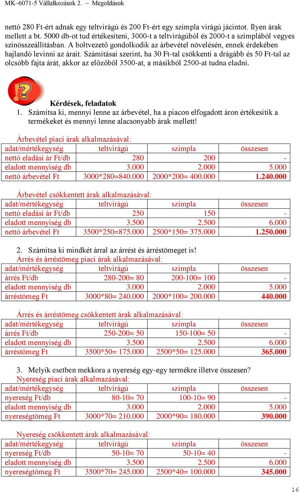 Számításai szerint, ha 30 Ft-tal csökkenti a drágább és 50 Ft-tal az olcsóbb fajta árát, akkor az előzőből 3500-at, a másikból 2500-at tudna eladni. 1.