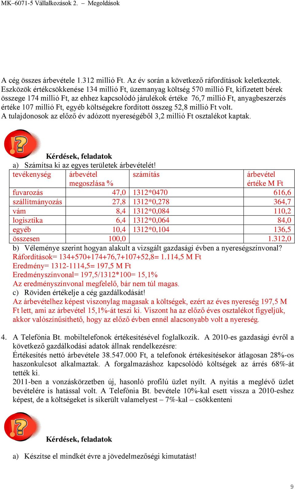 Ft, egyéb költségekre fordított összeg 52,8 millió Ft volt. A tulajdonosok az előző év adózott nyereségéből 3,2 millió Ft osztalékot kaptak. a) Számítsa ki az egyes területek árbevételét!