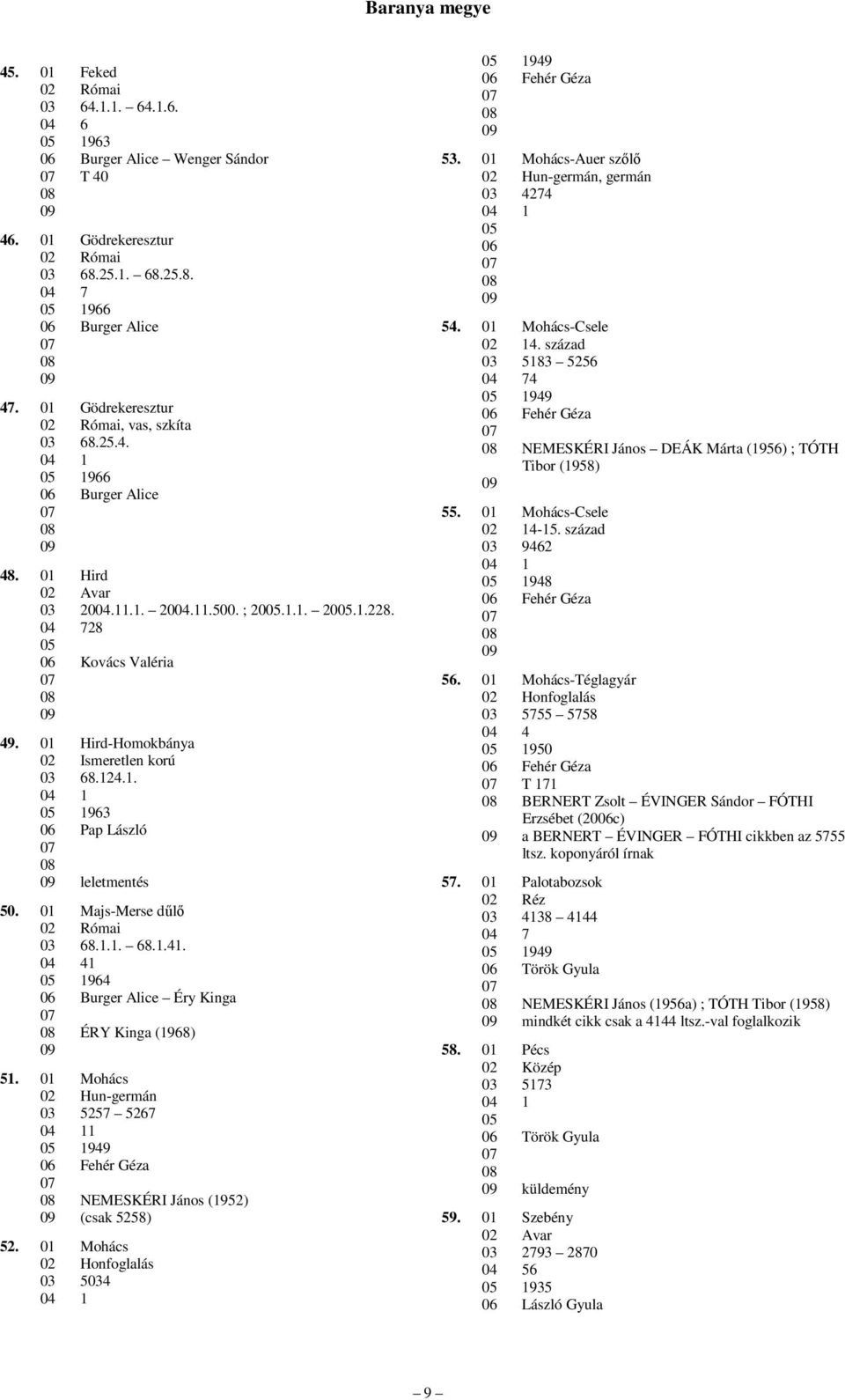 01 Majs-Merse dőlı 02 Római 03 68.1.1. 68.1.41. 1 1964 Burger Alice Éry Kinga ÉRY Kinga (1968) 51. 01 Mohács 02 Hun-germán 03 5257 5267 1 1949 Fehér Géza NEMESKÉRI János (1952) (csak 5258) 52.