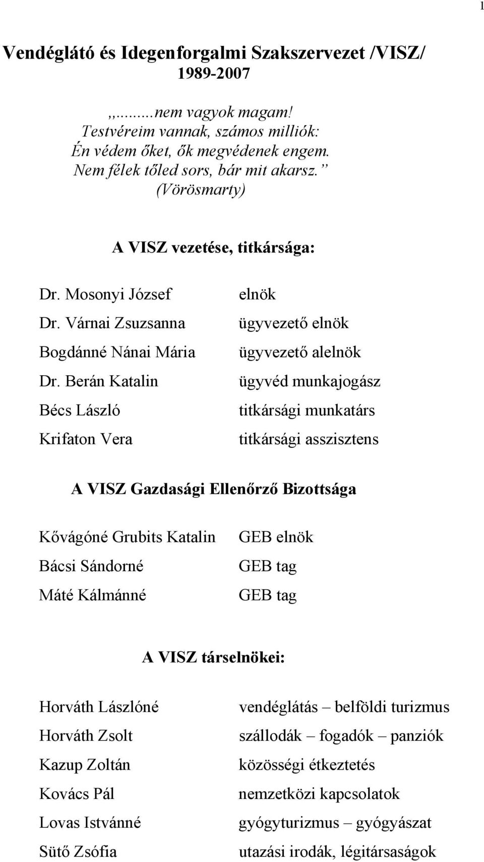 Berán Katalin Bécs László Krifaton Vera elnök ügyvezető elnök ügyvezető alelnök ügyvéd munkajogász titkársági munkatárs titkársági asszisztens A VISZ Gazdasági Ellenőrző Bizottsága Kővágóné Grubits