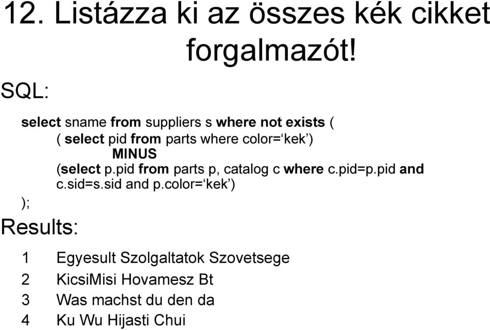 kek ) MINUS (select p.pid from parts p, catalog c where c.pid=p.pid and c.sid=s.