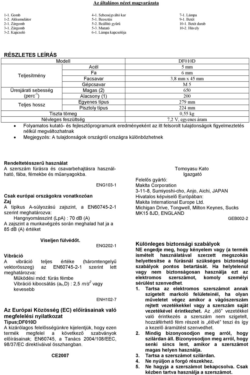 Hüvely RÉSZLETES LEÍRÁS Modell DF010D Acél 5 mm Teljesítmény Fa 6 mm Facsavar 3,8 mm x 45 mm Gépcsavar M 5 Üresjárati sebesség Magas (2) 650 (perc -1 ) Alacsony (1) 200 Teljes hossz Egyenes típus 279