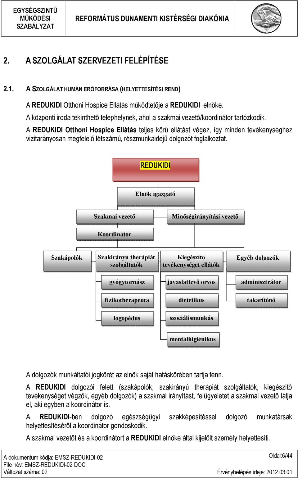 A REDUKIDI Otthoni Hospice Ellátás teljes körű ellátást végez, így minden tevékenységhez vizitarányosan megfelelő létszámú, részmunkaidejű dolgozót foglalkoztat.