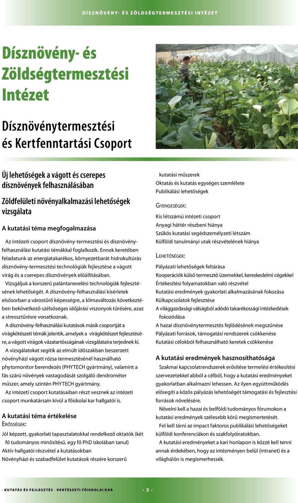 Ennek keretében feladatunk az energiatakarékos, környezetbarát hidrokultúrás dísznövény-termesztési technológiák fejlesztése a vágott virág és a cserepes dísznövények előállításában.