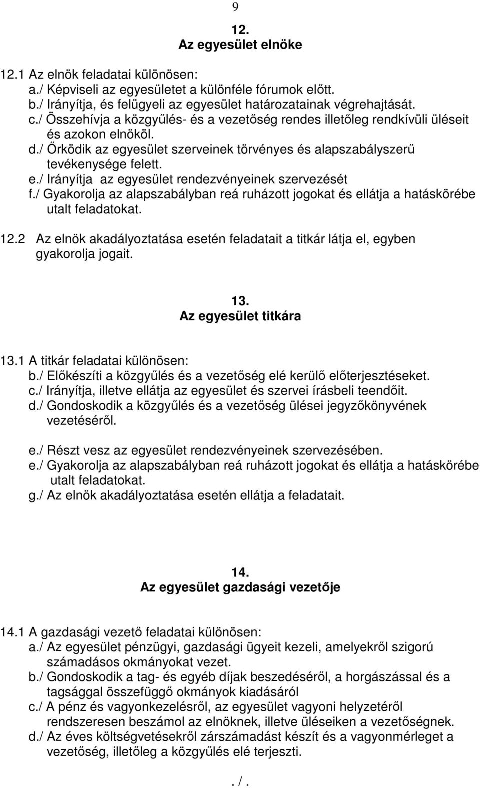 / Gyakorolja az alapszabályban reá ruházott jogokat és ellátja a hatáskörébe utalt feladatokat. 12.2 Az elnök akadályoztatása esetén feladatait a titkár látja el, egyben gyakorolja jogait. 13.