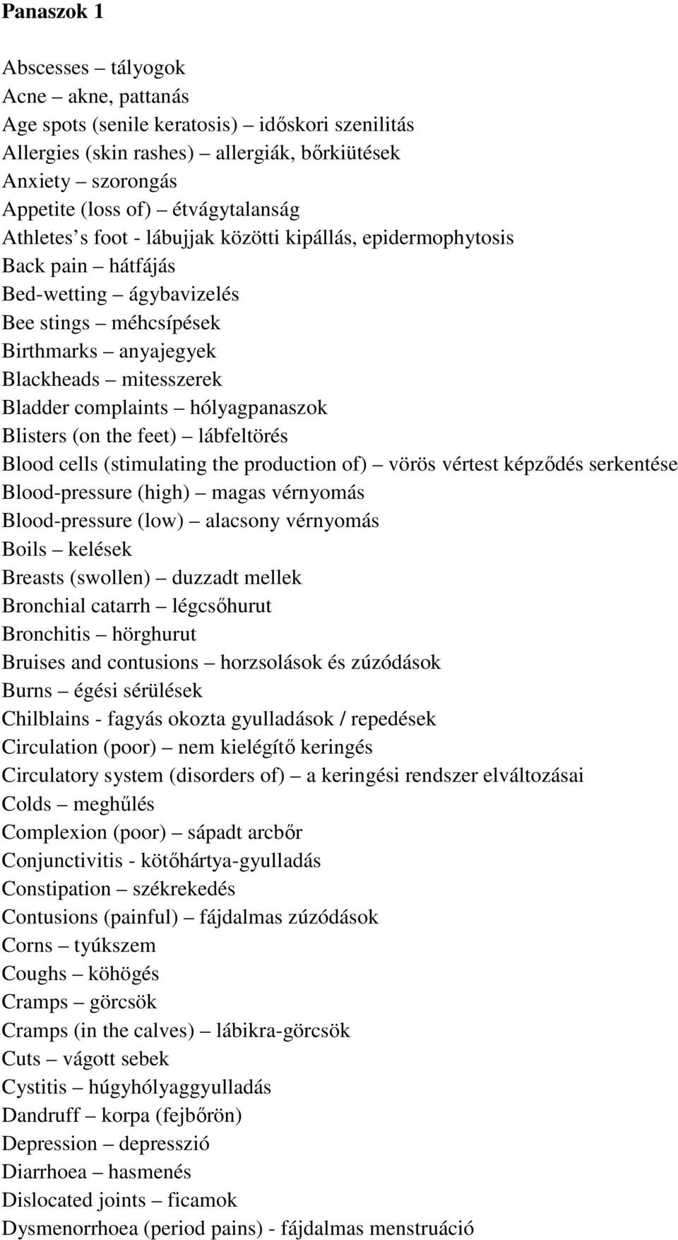 hólyagpanaszok Blisters (on the feet) lábfeltörés Blood cells (stimulating the production of) vörös vértest képződés serkentése Blood-pressure (high) magas vérnyomás Blood-pressure (low) alacsony