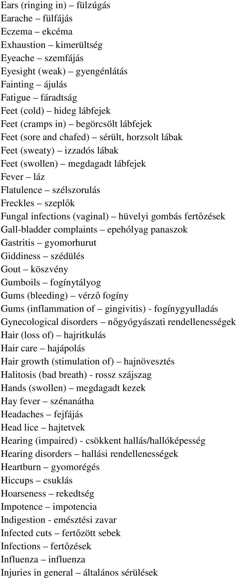 infections (vaginal) hüvelyi gombás fertőzések Gall-bladder complaints epehólyag panaszok Gastritis gyomorhurut Giddiness szédülés Gout köszvény Gumboils fogínytályog Gums (bleeding) vérző fogíny