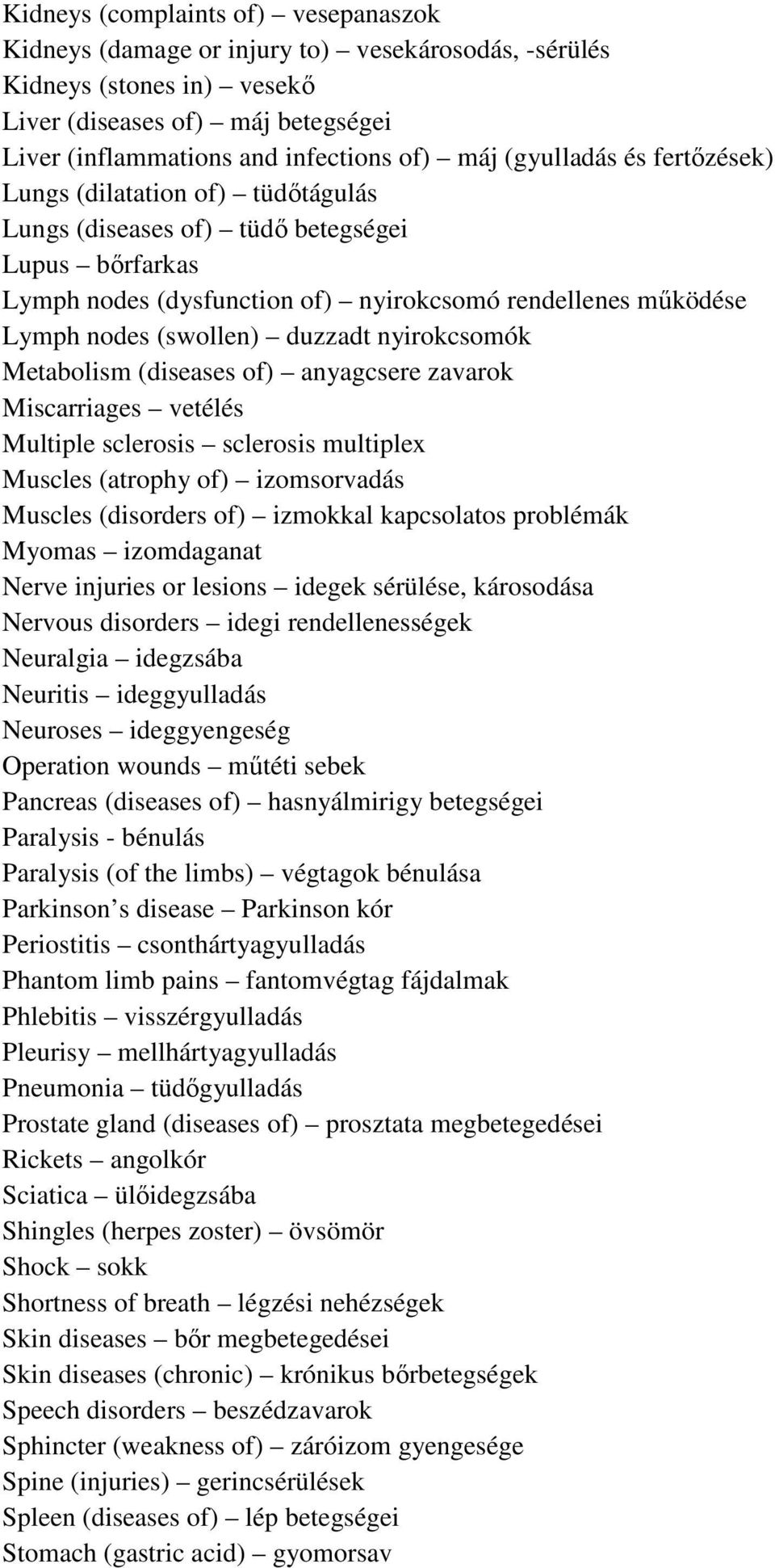 duzzadt nyirokcsomók Metabolism (diseases of) anyagcsere zavarok Miscarriages vetélés Multiple sclerosis sclerosis multiplex Muscles (atrophy of) izomsorvadás Muscles (disorders of) izmokkal