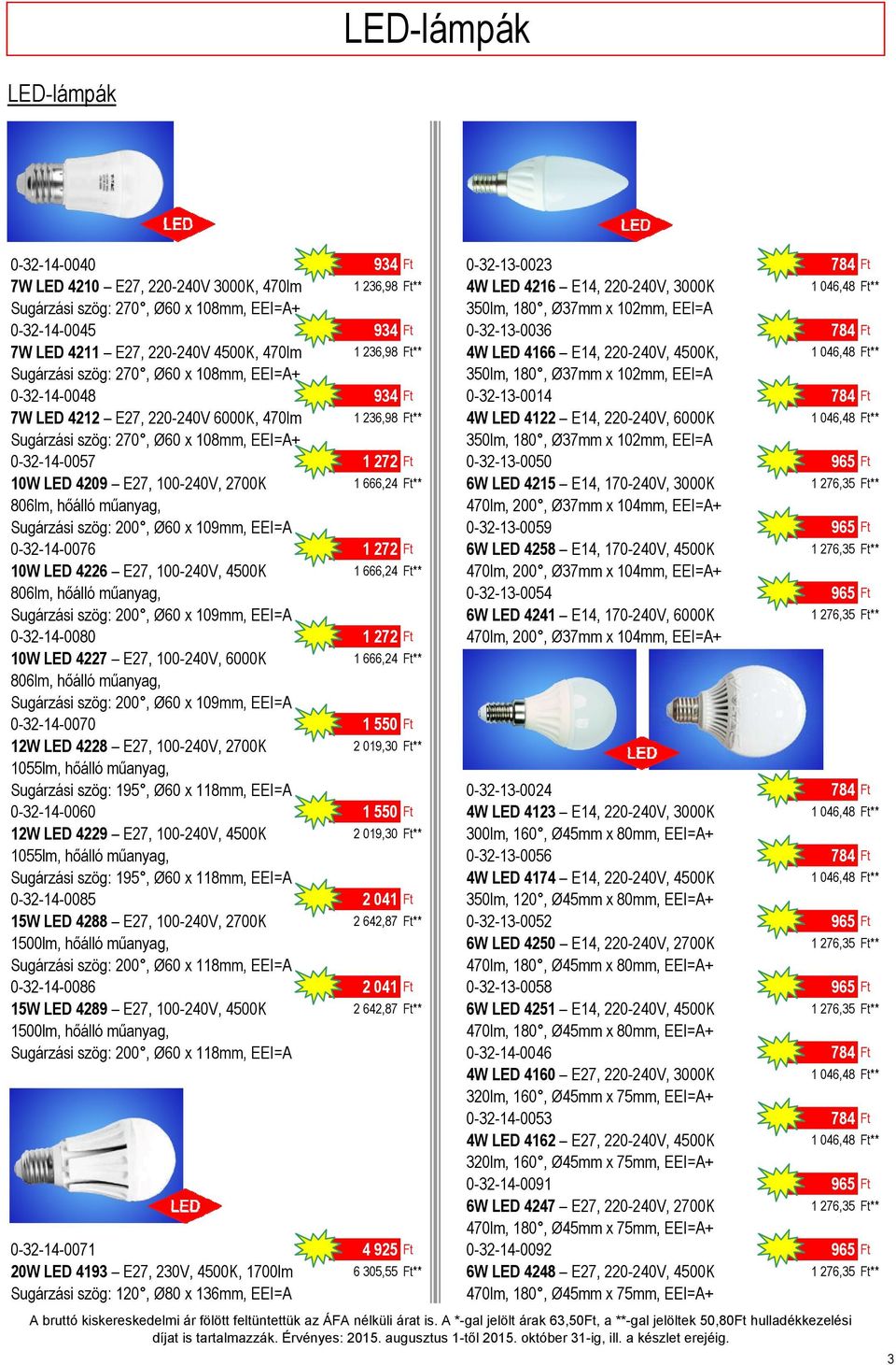 270, Ø60 x 108mm, EEI=A+ 350lm, 180, Ø37mm x 102mm, EEI=A 0-32-14-0048 934 Ft 0-32-13-0014 784 Ft 7W LED 4212 E27, 220-240V 6000K, 470lm 1 236,98 Ft** 4W LED 4122 E14, 220-240V, 6000K 1 046,48 Ft**