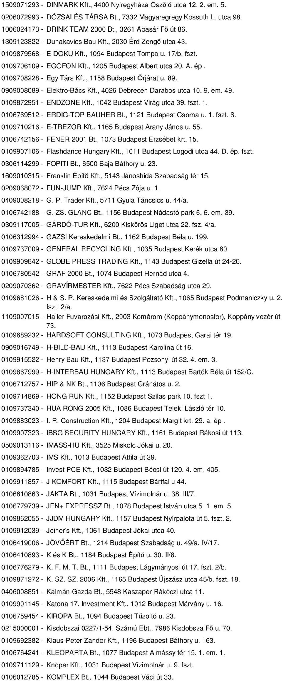 0109708228 - Egy Társ Kft., 1158 Budapest Őrjárat u. 89. 0909008089 - Elektro-Bács Kft., 4026 Debrecen Darabos utca 10. 9. em. 49. 0109872951 - ENDZONE Kft., 1042 Budapest Virág utca 39. fszt. 1. 0106769512 - ERDIG-TOP BAUHER Bt.