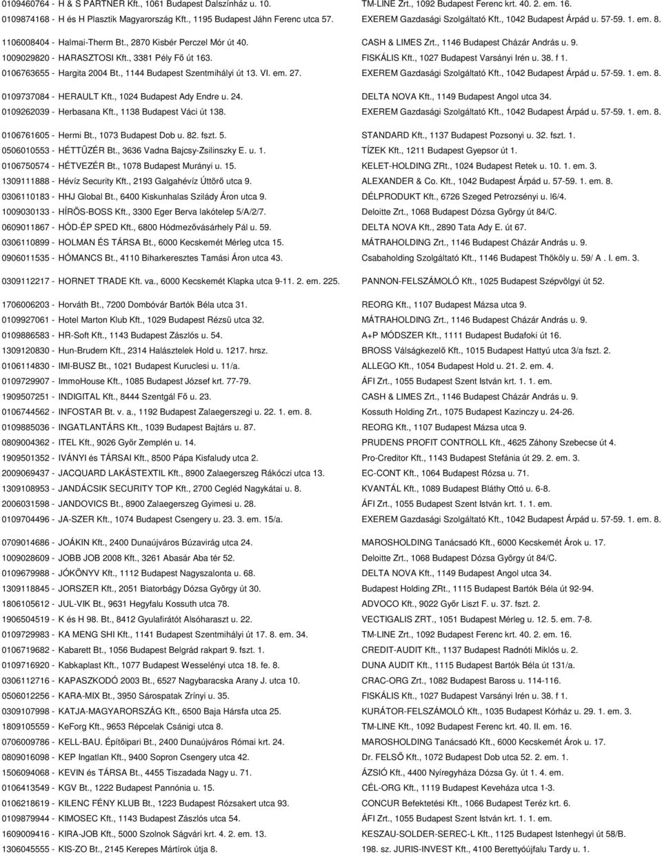 , 1146 Budapest Cházár András u. 9. 1009029820 - HARASZTOSI Kft., 3381 Pély Fő út 163. FISKÁLIS Kft., 1027 Budapest Varsányi Irén u. 38. f 1. 0106763655 - Hargita 2004 Bt.