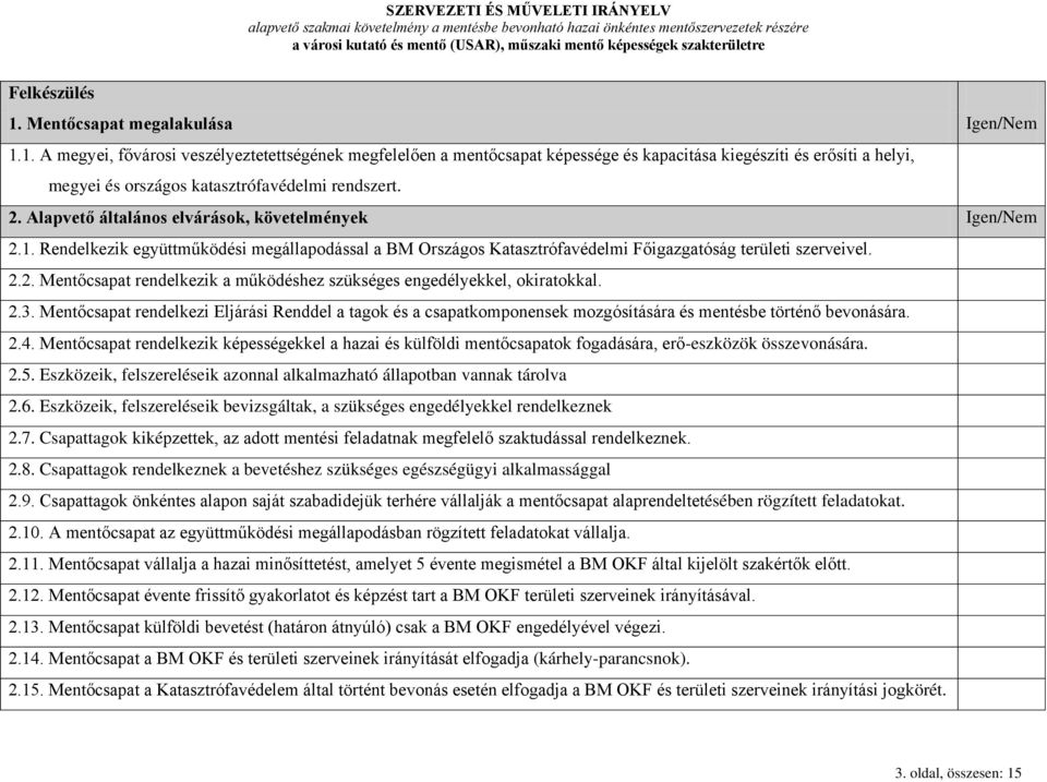 2.3. Mentőcsapat rendelkezi Eljárási Renddel a tagok és a csapatkomponensek mozgósítására és mentésbe történő bevonására. 2.4.