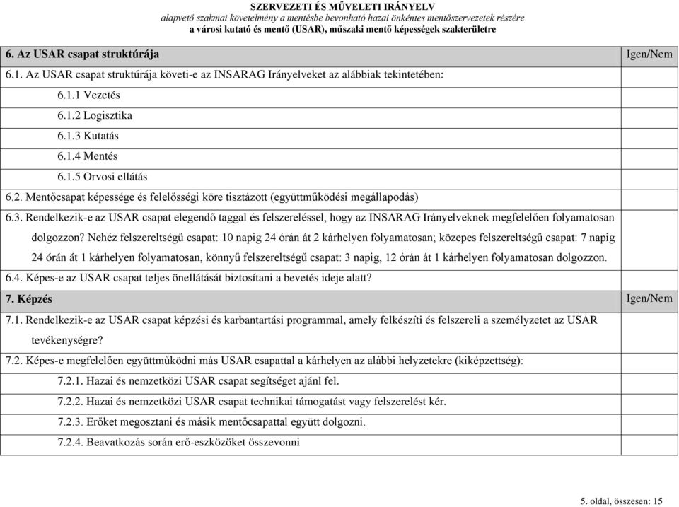 Rendelkezik-e az USAR csapat elegendő taggal és felszereléssel, hogy az INSARAG Irányelveknek megfelelően folyamatosan dolgozzon?