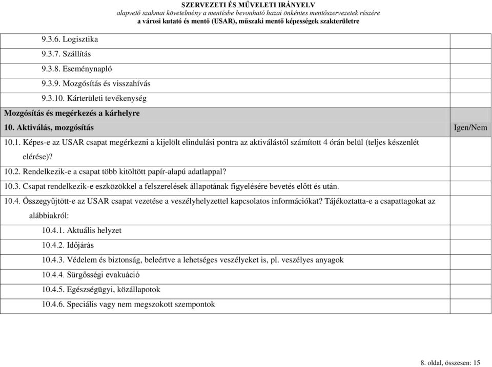 Rendelkezik-e a csapat több kitöltött papír-alapú adatlappal? 10.3. Csapat rendelkezik-e eszközökkel a felszerelések állapotának figyelésére bevetés előtt és után. 10.4.