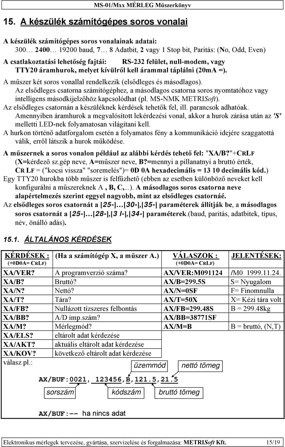 Az elsődleges csatorna számítógéphez, a másodlagos csatorna soros nyomtatóhoz vagy intelligens másodkijelzőhöz kapcsolódhat (pl. MS-NMK METRISoft).