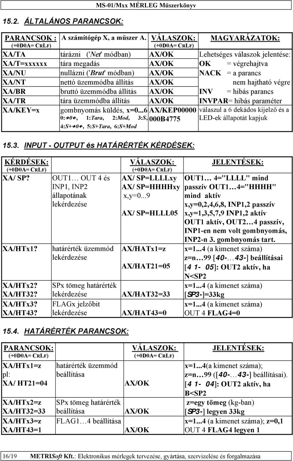 parancs XA/NT nettó üzemmódba állítás AX/OK nem hajtható végre XA/BR bruttó üzemmódba állítás AX/OK INV = hibás parancs XA/TR tára üzemmódba állítás AX/OK INVPAR= hibás paraméter XA/KEY=x gombnyomás