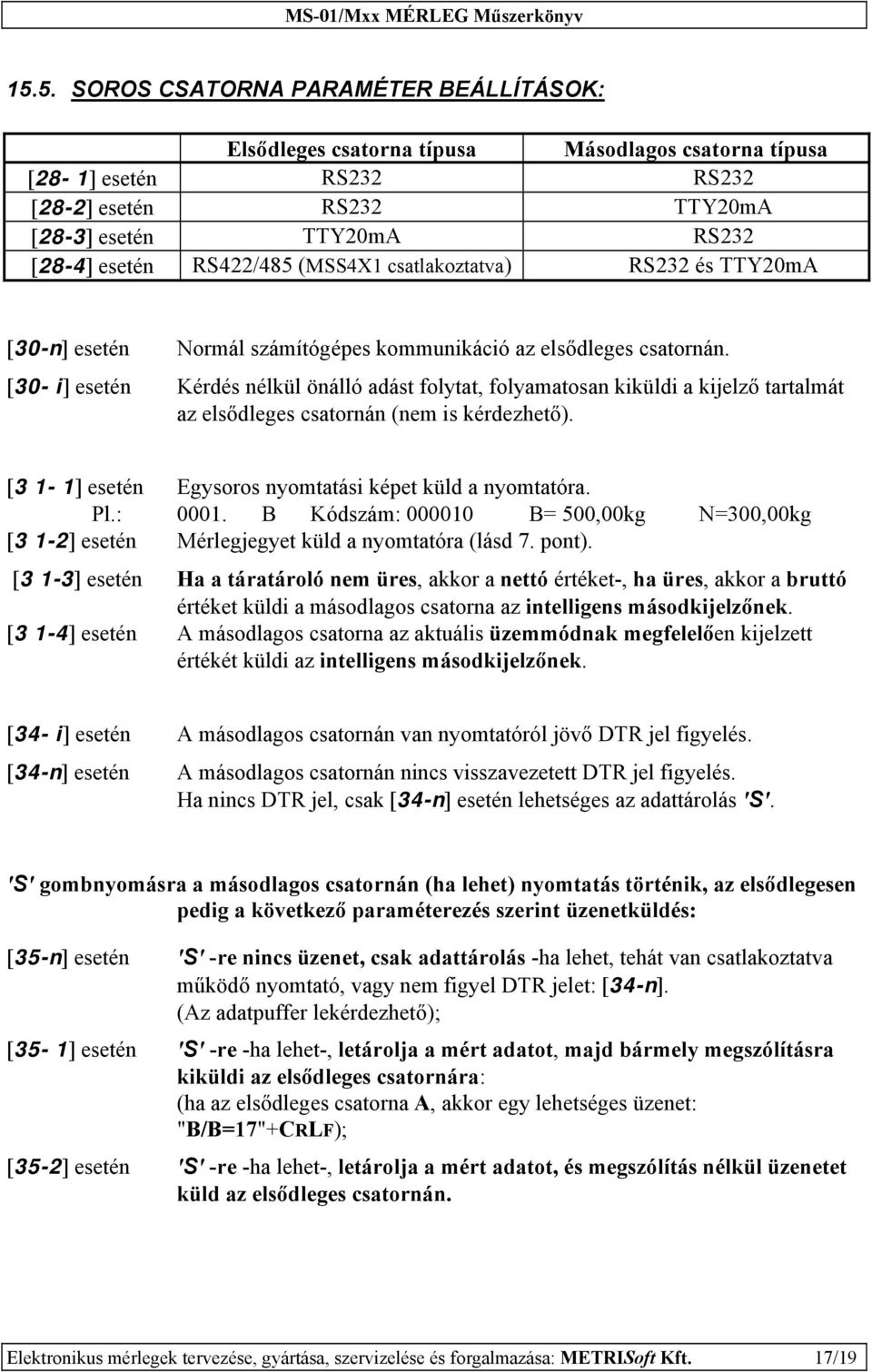 [30- i] esetén Kérdés nélkül önálló adást folytat, folyamatosan kiküldi a kijelző tartalmát az elsődleges csatornán (nem is kérdezhető). [3 1-1] esetén Egysoros nyomtatási képet küld a nyomtatóra. Pl.