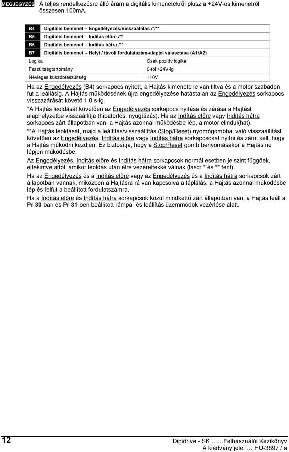választása (A1/A2) Feszültségtartomány Névleges küszöbfeszültség +1 Csak pozitív logika 0-tól +24V-ig Ha az Engedélyezés (B4) sorkapocs nyitott, a Hajtás kimenete le van tiltva és a motor szabadon