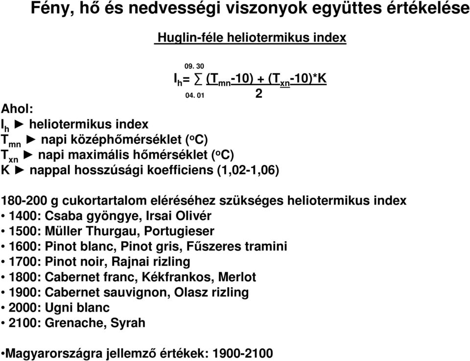 cukortartalom eléréséhez szükséges heliotermikus index 1400: Csaba gyöngye, Irsai Olivér 1500: Müller Thurgau, Portugieser 1600: Pinot blanc, Pinot gris, Fűszeres