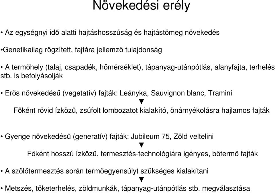 is befolyásolják Erős növekedésű (vegetatív) fajták: Leányka, Sauvignon blanc, Tramini Főként rövid ízközű, zsúfolt lombozatot kialakító, önárnyékolásra hajlamos