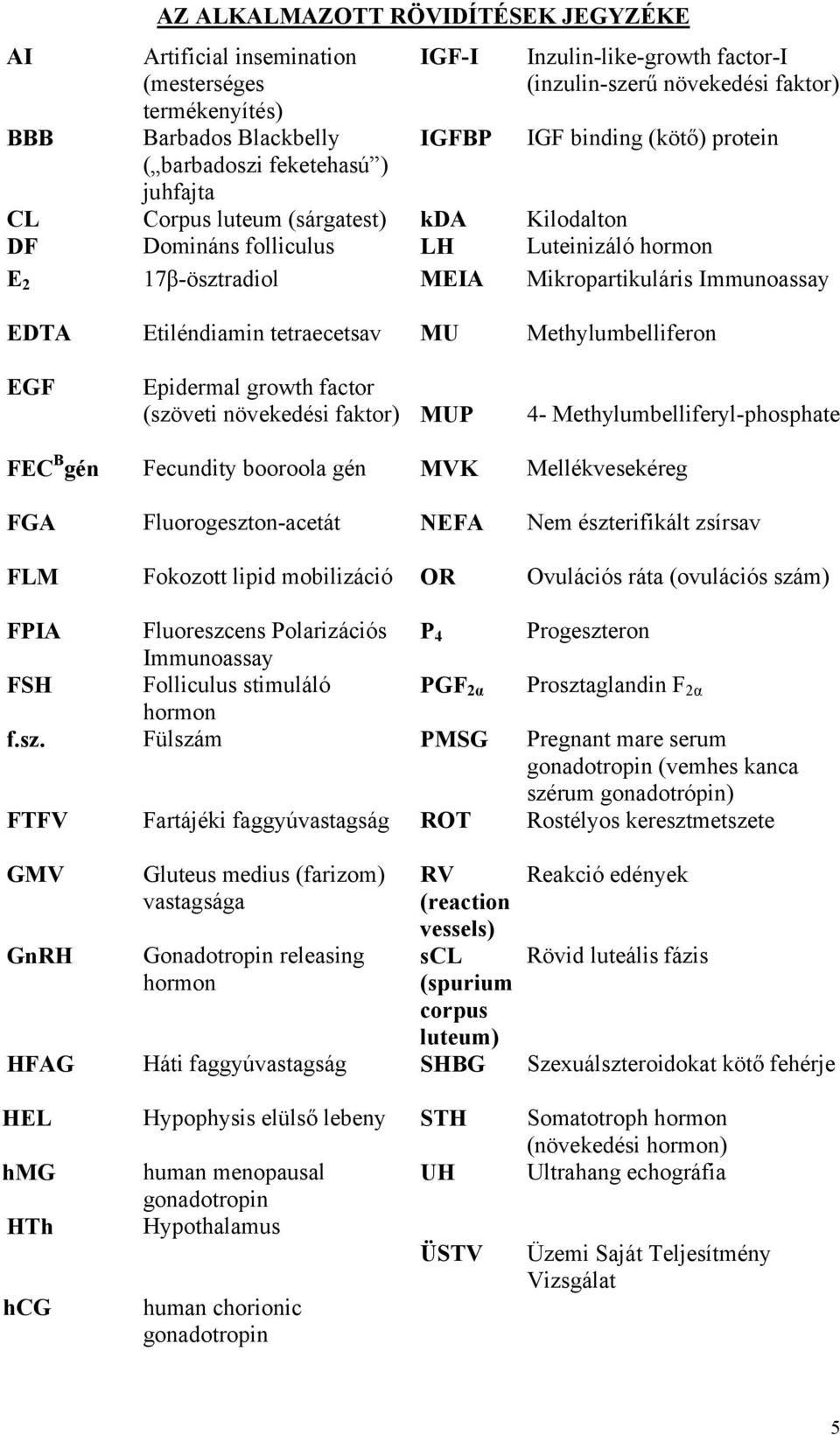 EDTA Etiléndiamin tetraecetsav MU Methylumbelliferon EGF Epidermal growth factor (szöveti növekedési faktor) MUP 4- Methylumbelliferyl-phosphate FEC B gén Fecundity booroola gén MVK Mellékvesekéreg