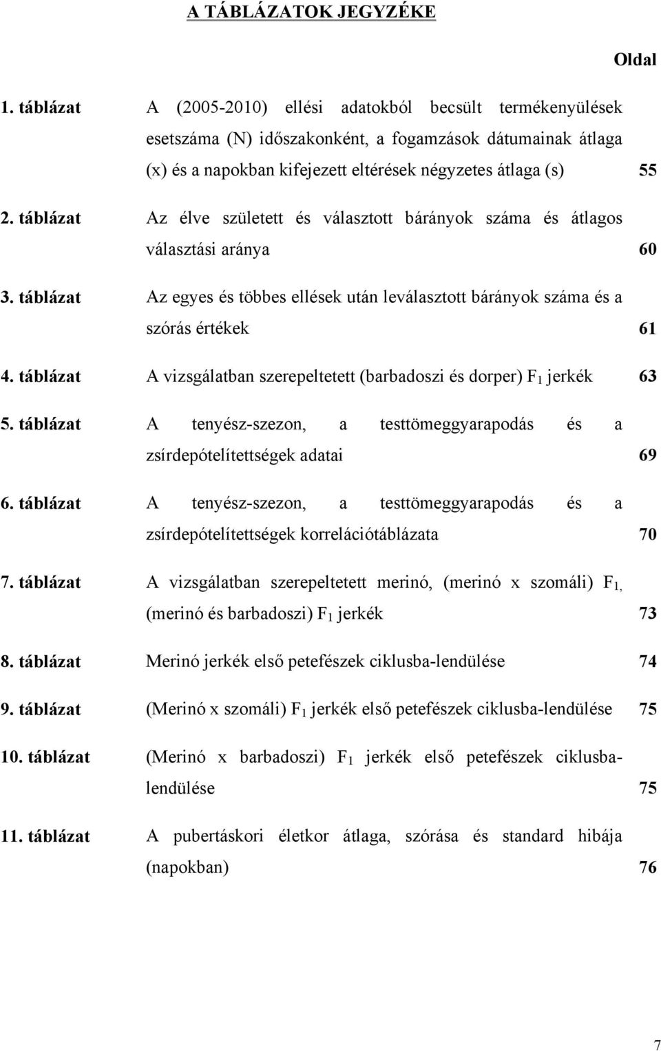 táblázat Az élve született és választott bárányok száma és átlagos választási aránya 60 3. táblázat Az egyes és többes ellések után leválasztott bárányok száma és a szórás értékek 61 4.