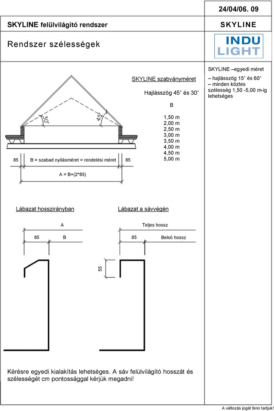 minden köztes szélesség 1,50-5,00 m-ig lehetséges 85 B = szabad nyílásméret = rendelési méret 85 1,50 m 2,00 m 2,50 m