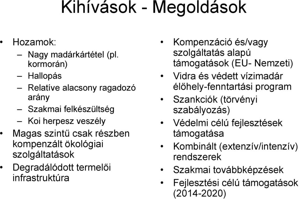 ökológiai szolgáltatások Degradálódott termelői infrastruktúra Kompenzáció és/vagy szolgáltatás alapú támogatások (EU- Nemzeti) Vidra