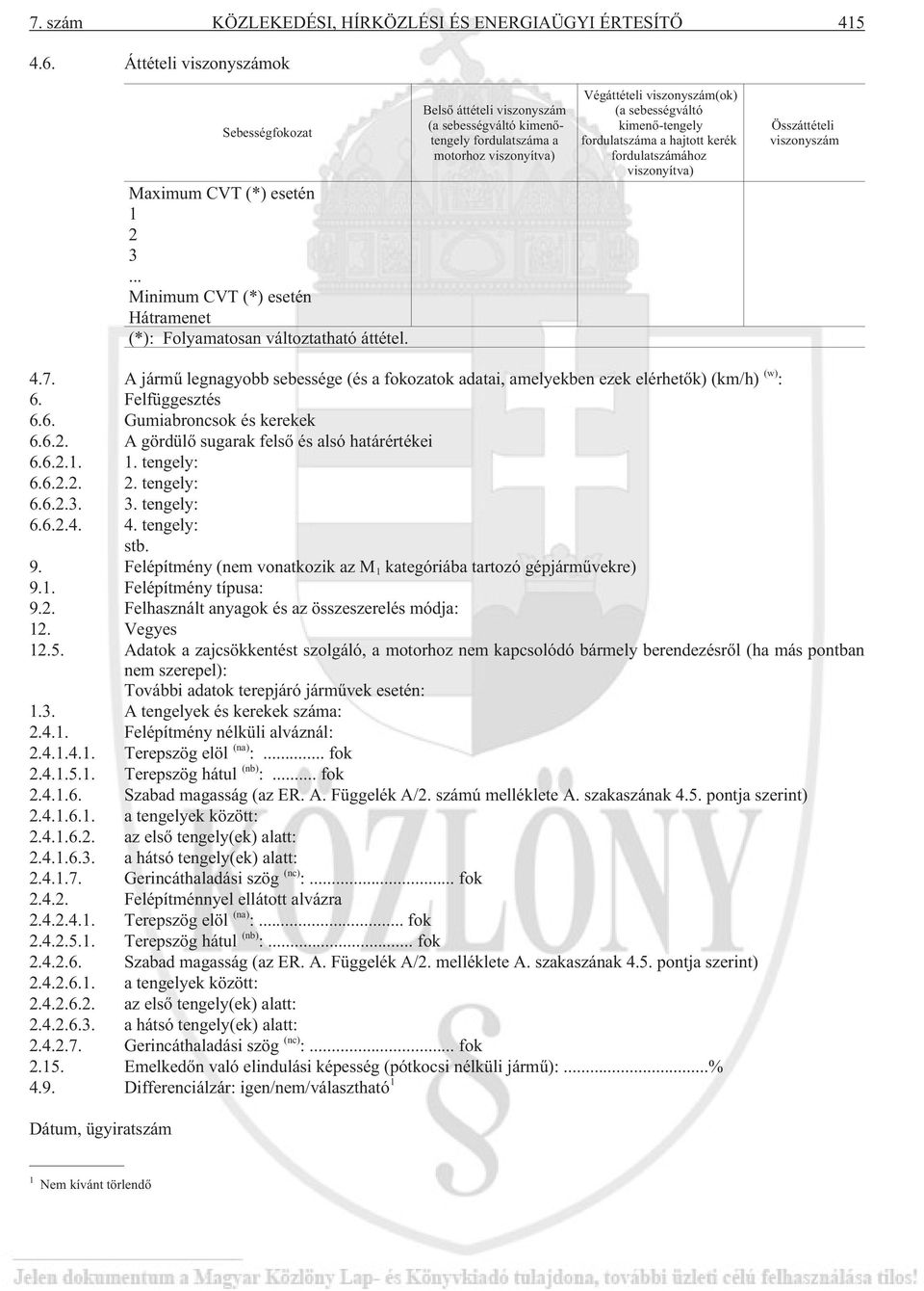 Belsõ áttételi viszonyszám (a sebességváltó kimenõtengely fordulatszáma a motorhoz viszonyítva) Végáttételi viszonyszám(ok) (a sebességváltó kimenõ-tengely fordulatszáma a hajtott kerék